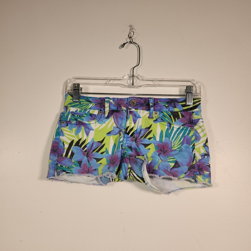 AEROPOSTALE Shorty Short Juniors 00 Blue Purple Green Floral Island Denim Frayed
